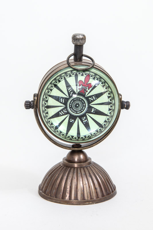 Uhr / Kompass Alu antik Messing 7.5 x 10 cm