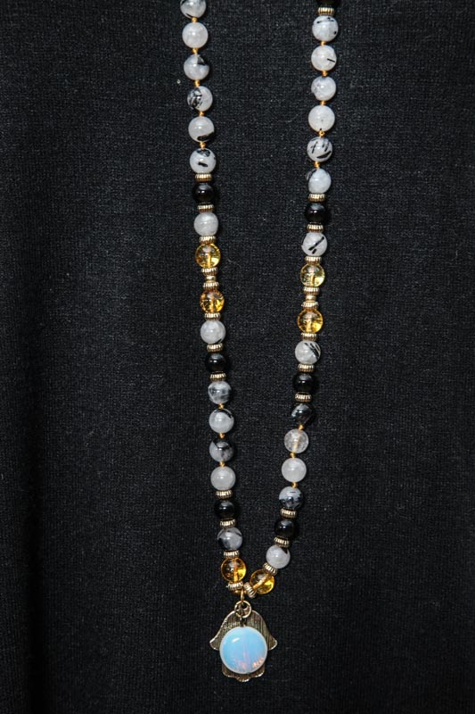 Malakette 8 mm schwarzer Rutilquarz, Citrin, 108 Perlen mit Anhänger Hand der Fatima