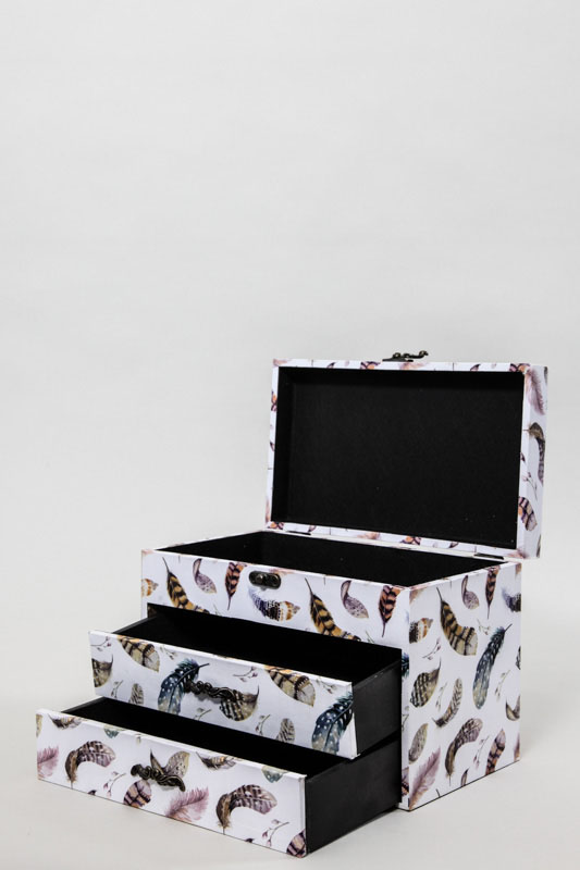 Box mit 2 Schubladen und Fach mit Deckel - Federn 24 x 15 x 17 cm