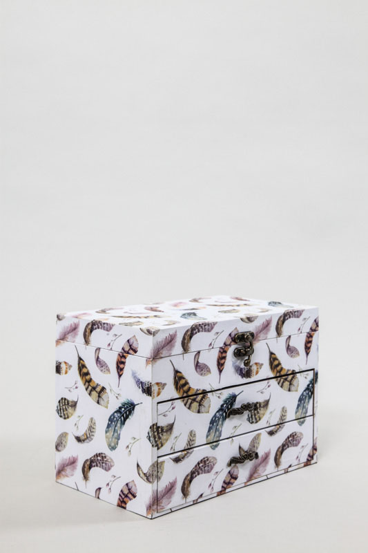 Box mit 2 Schubladen und Fach mit Deckel - Federn 24 x 15 x 17 cm