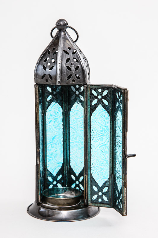 Laterne mit geprägtem Glas 6-eckig türkis 20 x 7 x 7 cm