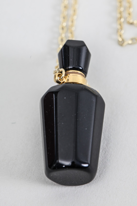 Kette mit Anhänger Parfümflacon schwarzer Obsidian