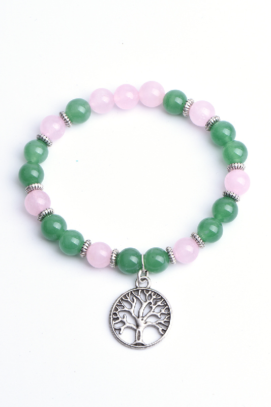 Armband 8mm Rosenquarz, grüne Jade mit Anhänger Lebensbaum, 19 cm