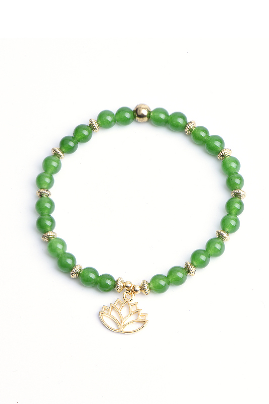 Armband 6mm grüne Jade mit Anhänger Lotusblume, 19 cm