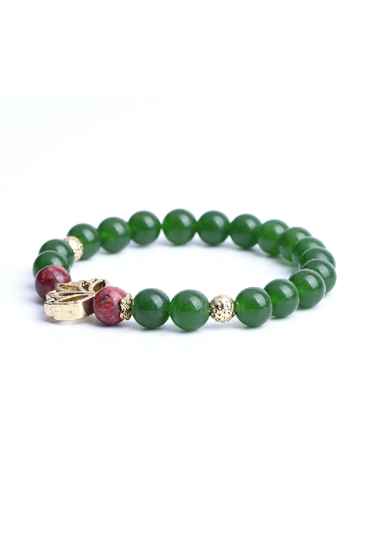 Armband 8mm grüne Jade, rote Jade, mit Lotusblume, 19 cm