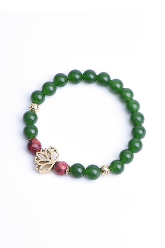Armband 8mm grüne Jade, rote Jade, mit Lotusblume, 19 cm