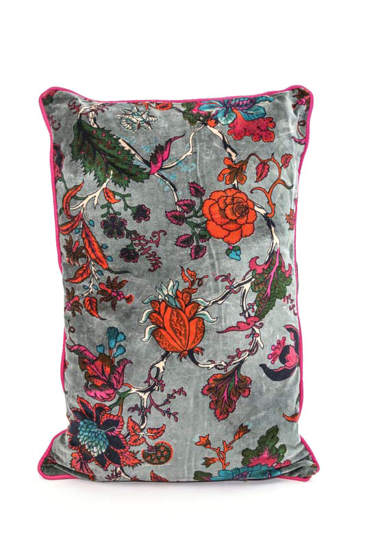 Kissen Samt Blumenprint mit Dori-Abschluss khaki 40 x 60 cm