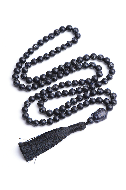 Malakette 8mm schwarzer Türkis mit Tassel, 108 Perlen