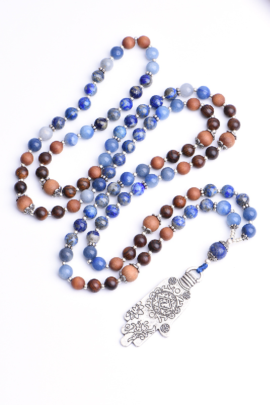 Malakette 8mm blauer Aventurin / Lapis Lazuli / Sandelholz Perlen mit Anhänger Hand der Fatima, 108 Perlen