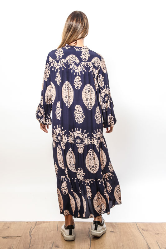 Kleid Viskose lang dunkelblau/beige - One Size