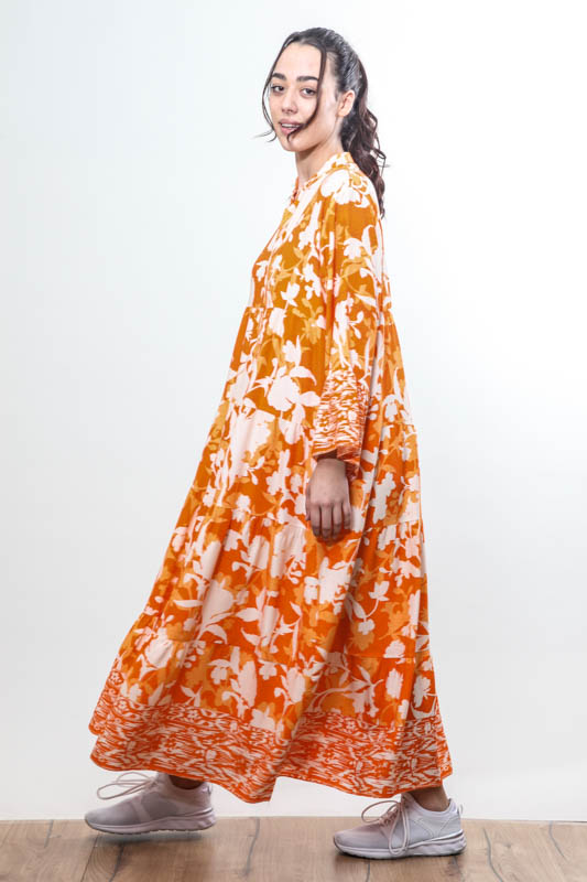 Kleid lang orange/weiss gemustert - One Size