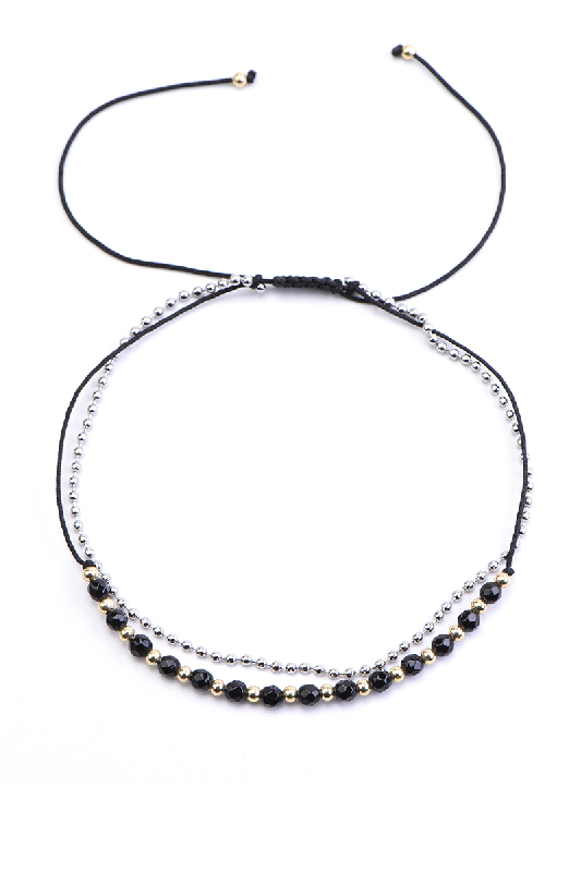 Fusskette 4mm facettierter schwarzer Onyx, silberfarbene Glasperlen 26 cm