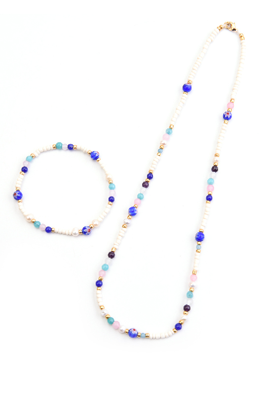 Halskette Süsswasserperle, Rosenquarz, blaue Jade, Glasperlen, 45 cm