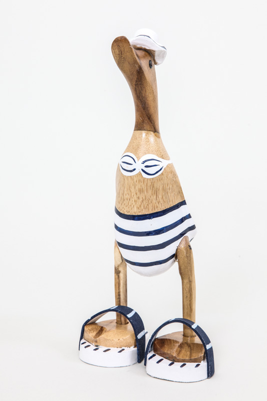Holzente bemalt mit Hut und Bikini gestreift 25 cm