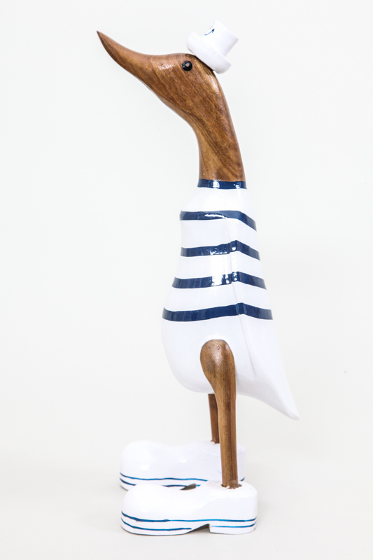 Holzente bemalt weiss blau mit Hut und Schuhen 35 cm