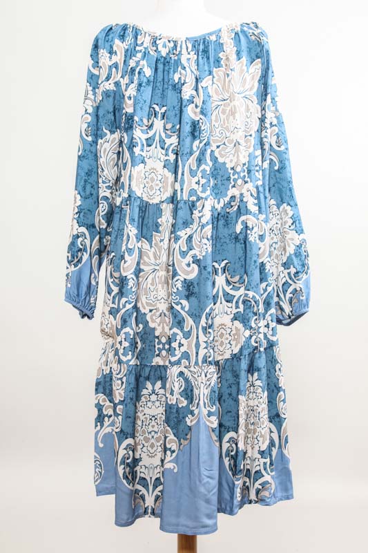 Kleid Viskose langarm blau gemustert - One Size