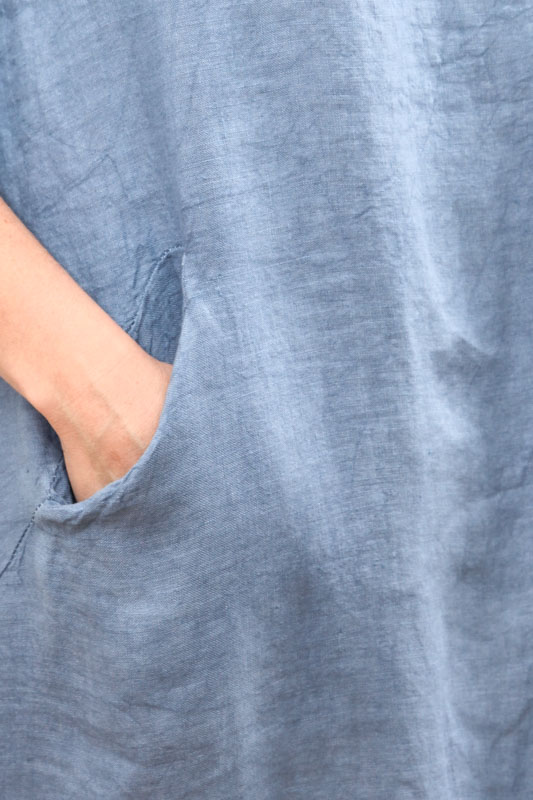 Leinenkleid seitliche Taschen jeansblau - One Size
